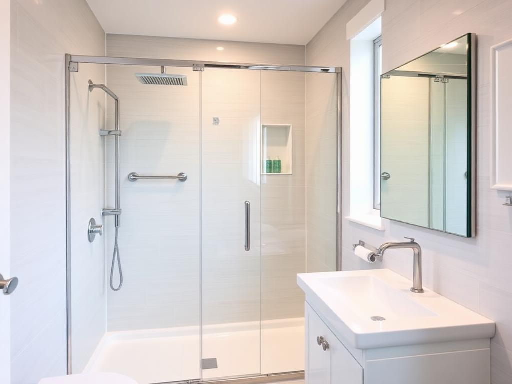 Salle de bain rénovée avec douche vitrée et meuble vasque blanc